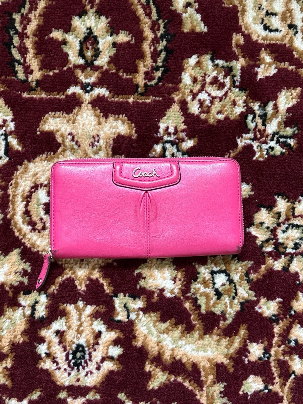 Coach Bright Pink Leather Zip Wallet with Gold Logo